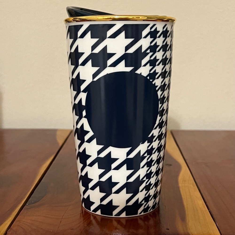Starbucks 2015 Navy Blue Houndstooth Ceramic Travel Tumbler Mug Gold Trim 12oz